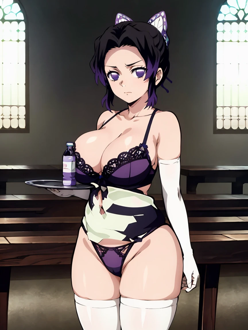 Kochou shinobu, 4k, absurd, high resolution, very high resolution, high definition, masterpiece, Short hair, purple hair, Separate bangs, Hair Adorno, Butterfly hair ornament, Purple eyes, (wedding white micro lace bra and thong, thighhighs, elbow gloves), zettai ryouiki black thighhighs, cowboy shot, looking_at_viewer, serious, (angry:0.6), closed mouth, huge_breast, side boob, standing, holding tray, milk bottle, thick thighs, (skinny, short stack), in the chapel