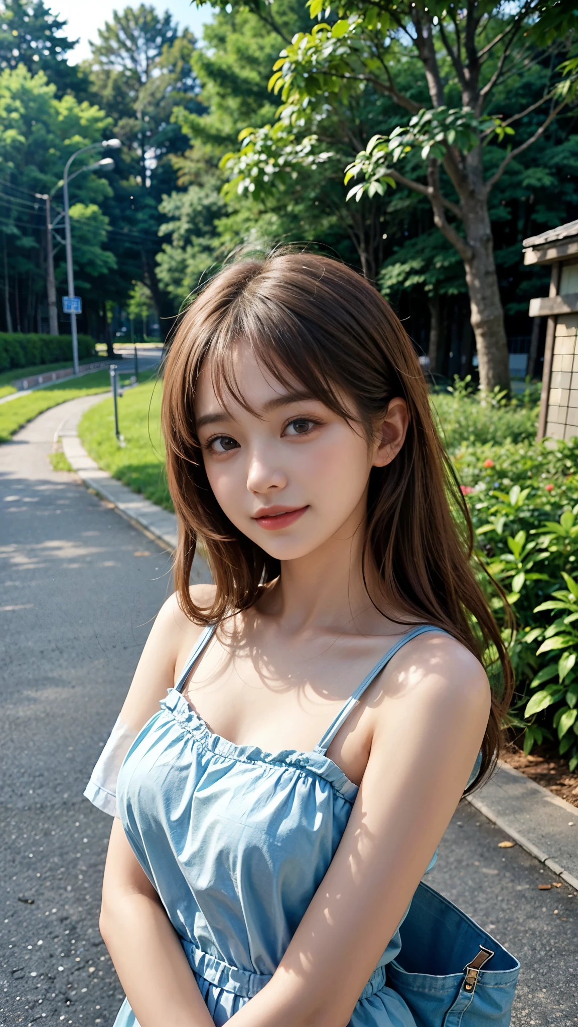 Highest quality、Producing the highest resolution 8K images、The model is an 18-year-old beautiful Japanese girl.、A work depicting a person smiling for a photo at a tourist spot、Draw the upper body of the model、She has brown eyes and a model-like figure.、She has a cute face like an idol、Her hair is a bob、Healthy skin color、Wearing early summer clothes、Highly detailed beautiful eyes、Such a beautiful face