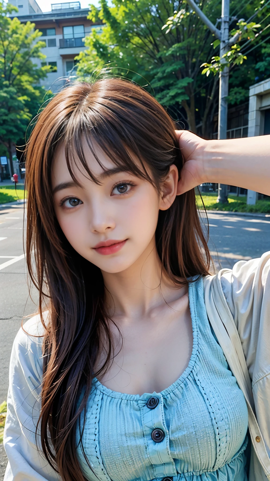 Highest quality、Producing the highest resolution 8K images、The model is an 18-year-old beautiful Japanese girl.、A work depicting a person smiling for a photo at a tourist spot、Draw the upper body of the model、She has brown eyes and a model-like figure.、She has a cute face like an idol、Her hair is a bob、Healthy skin color、Wearing early summer clothes、Highly detailed beautiful eyes、Such a beautiful face
