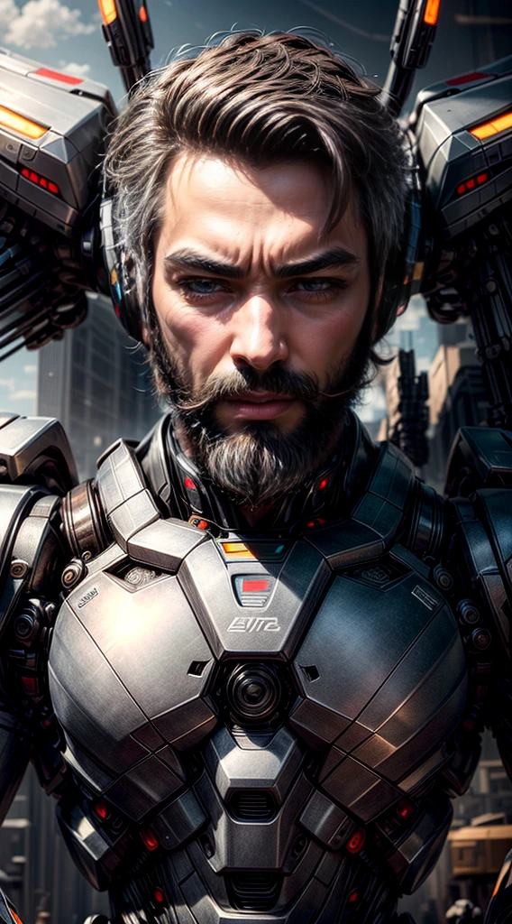 ((master-piece, Better quality)),illustration,8K Special Details,photorealistic portrait,crisp focus, high-detail, professional light, Colorful details, Rainbow destroyed the very long plans of the factory., Construction of large mechanical robots, microchip, computer, glossy, intricate detailed, Shitu-mecha, 1 man standing next to mecha, gundam, whiskers, beard., ultra detailed eyes, Gray Hair, beautidul eyes., shining eyes, Beautifully drawn eyes