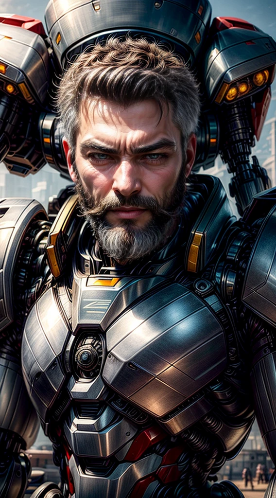 ((master-piece, Better quality)),illustration,8K Special Details,photorealistic portrait,crisp focus, high-detail, professional light, Colorful details, Rainbow destroyed the very long plans of the factory., Construction of large mechanical robots, microchip, computer, glossy, intricate detailed, Shitu-mecha, 1 man standing next to mecha, gundam, whiskers, beard., ultra detailed eyes, Gray Hair, beautidul eyes., shining eyes, Beautifully drawn eyes