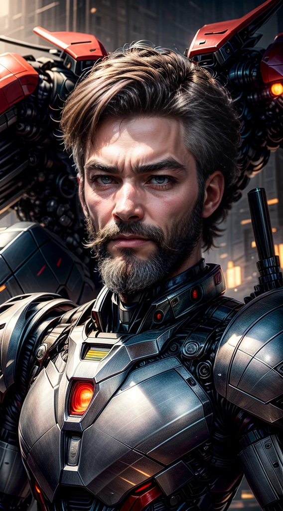 ((master-piece, Better quality)),illustration,8K Special Details,photorealistic portrait,crisp focus, high-detail, professional light, Colorful details, Rainbow destroyed the very long plans of the factory., Construction of large mechanical robots, microchip, computer, glossy, intricate detailed, Shitu-mecha, 1 man standing next to mecha, gundam, whiskers, beard., ultra detailed eyes, Gray Hair, beautidul eyes., shining eyes, Beautifully drawn eyes