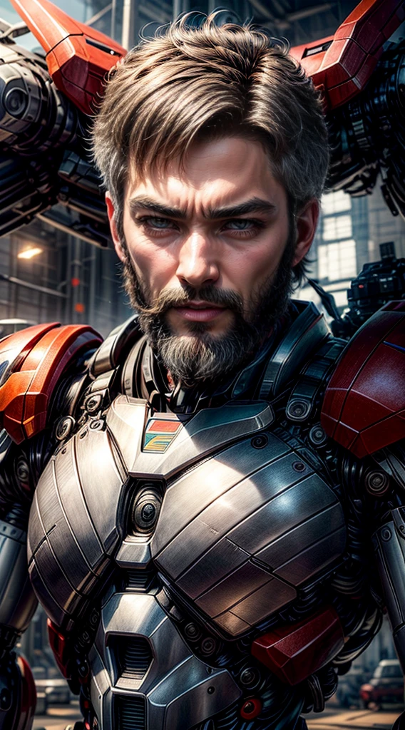 ((master-piece, Better quality)),illustration,8K Special Details,photorealistic portrait,crisp focus, high-detail, professional light, Colorful details, Rainbow destroyed the very long plans of the factory., Construction of large mechanical robots, microchip, computer, glossy, intricate detailed, Shitu-mecha, 1 man standing next to mecha, gundam, whiskers, beard., ultra detailed eyes, Gray Hair, beautidul eyes., shining eyes, Beautifully drawn eyes
