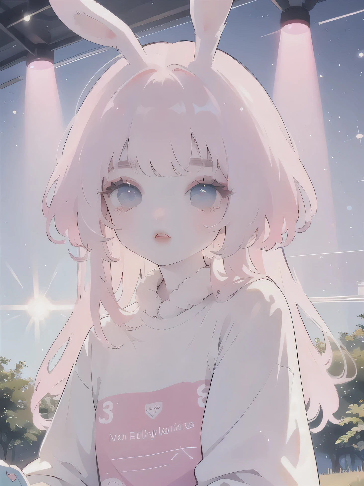 (high quality) (best quality) (a woman) (correct physiognomy) (perfect students) (perfect eyes) anime woman, deep pink long and fluffy hair pink, two rabbit ears coming out of her head, blue eyes, lips sensitive, feminine appearance, soft facial features, thin eyebrows, soft skin, rosy cheeks, pink lips, silky eyelashes, dreamy expression, middle age, youthful clothing, print sweatshirt, photo illuminated by sunlight, Woman sitting on forest.