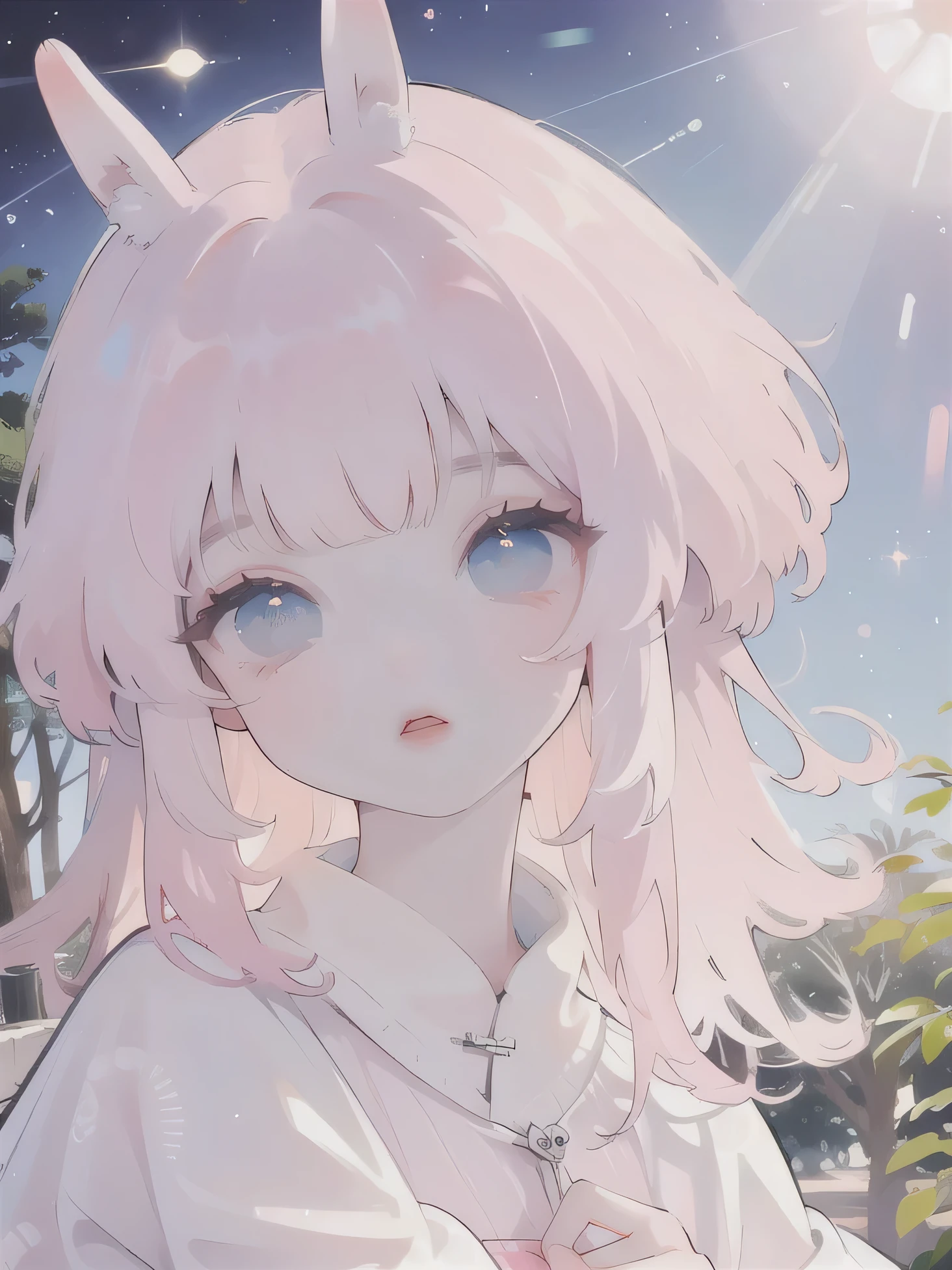 (high quality) (best quality) (a woman) (correct physiognomy) (perfect students) (perfect eyes) anime woman, deep pink long and fluffy hair pink, two rabbit ears coming out of her head, blue eyes, lips sensitive, feminine appearance, soft facial features, thin eyebrows, soft skin, rosy cheeks, pink lips, silky eyelashes, dreamy expression, middle age, youthful clothing, print sweatshirt, photo illuminated by sunlight, Woman sitting on forest.