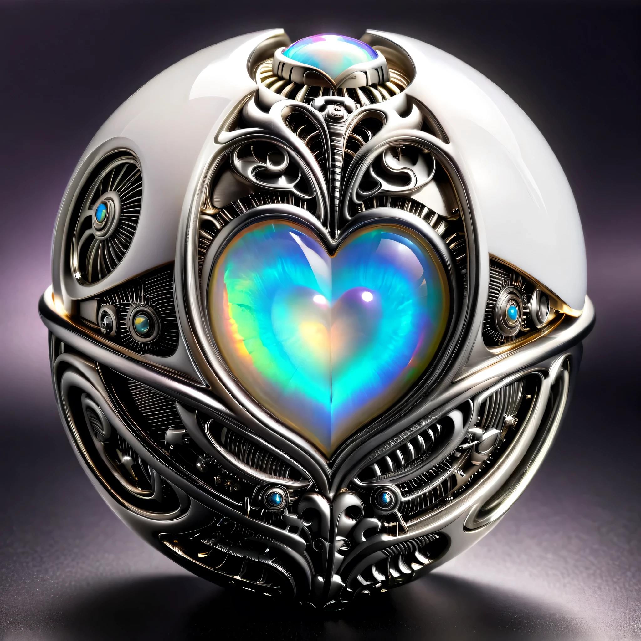 a white and opal mechanical orb, giger style, silvercarvingcd_xl , rainbow heart aura,