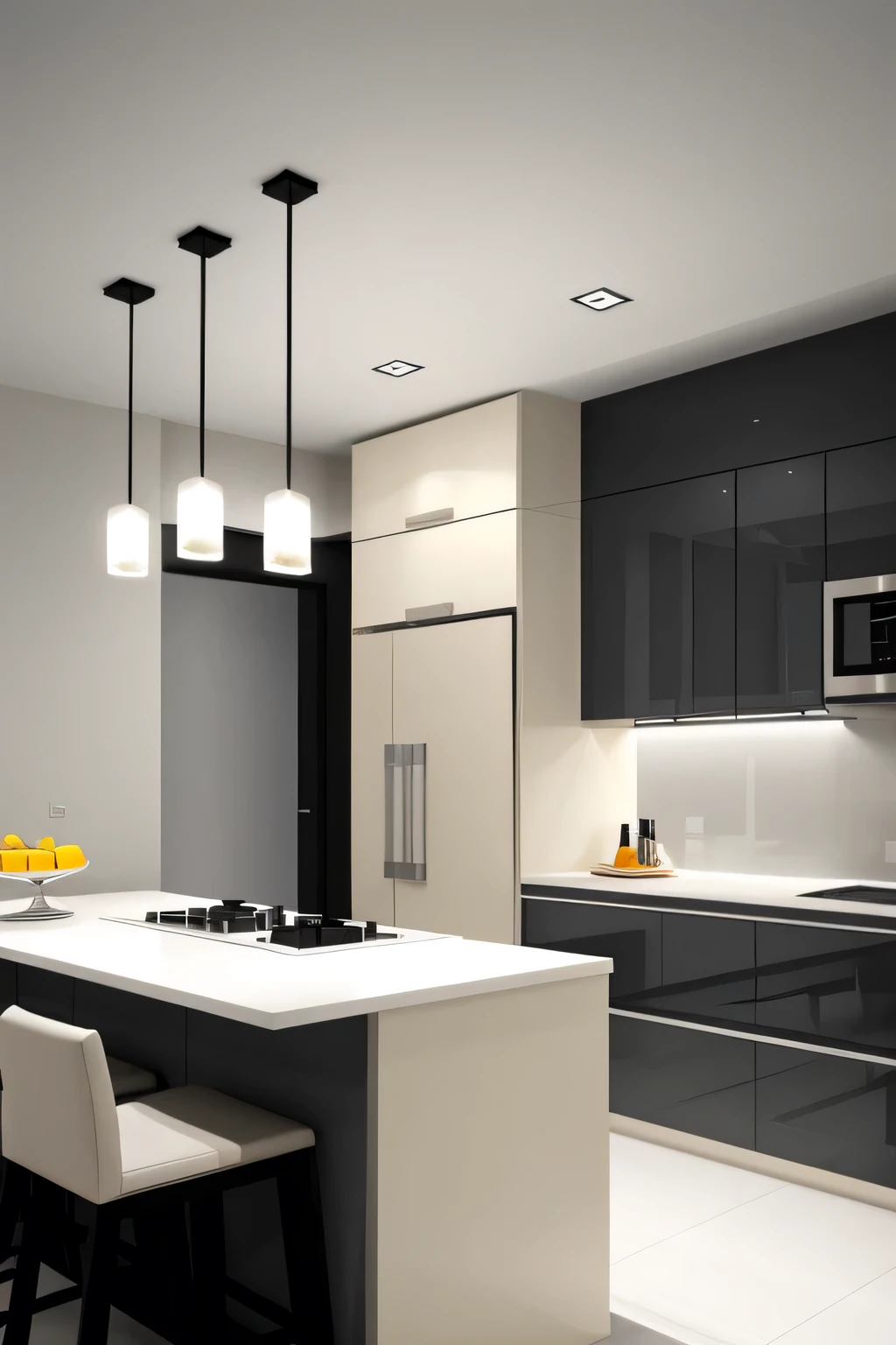 Professional 3d architecture rendering design of modern and minimal kitchen with light mink gray color and thunder gray color and light cream color and black color
