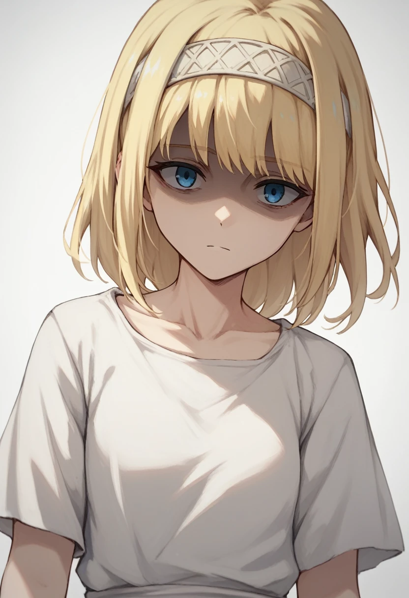 score_9, score_8_up, score_7_up,
ymir fritz,1girl, solo, hairband, blonde hair, bangs, blue eyes, medium hair,shaded face,white dress, short sleeves,