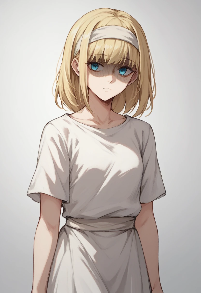 score_9, score_8_up, score_7_up,
ymir fritz,1girl, solo, hairband, blonde hair, bangs, blue eyes, medium hair,shaded face,white dress, short sleeves,