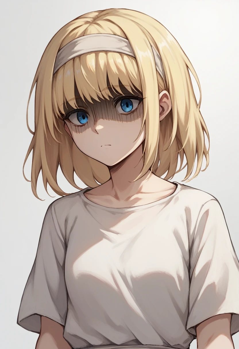 score_9, score_8_up, score_7_up,
ymir fritz,1girl, solo, hairband, blonde hair, bangs, blue eyes, medium hair,shaded face,white dress, short sleeves,