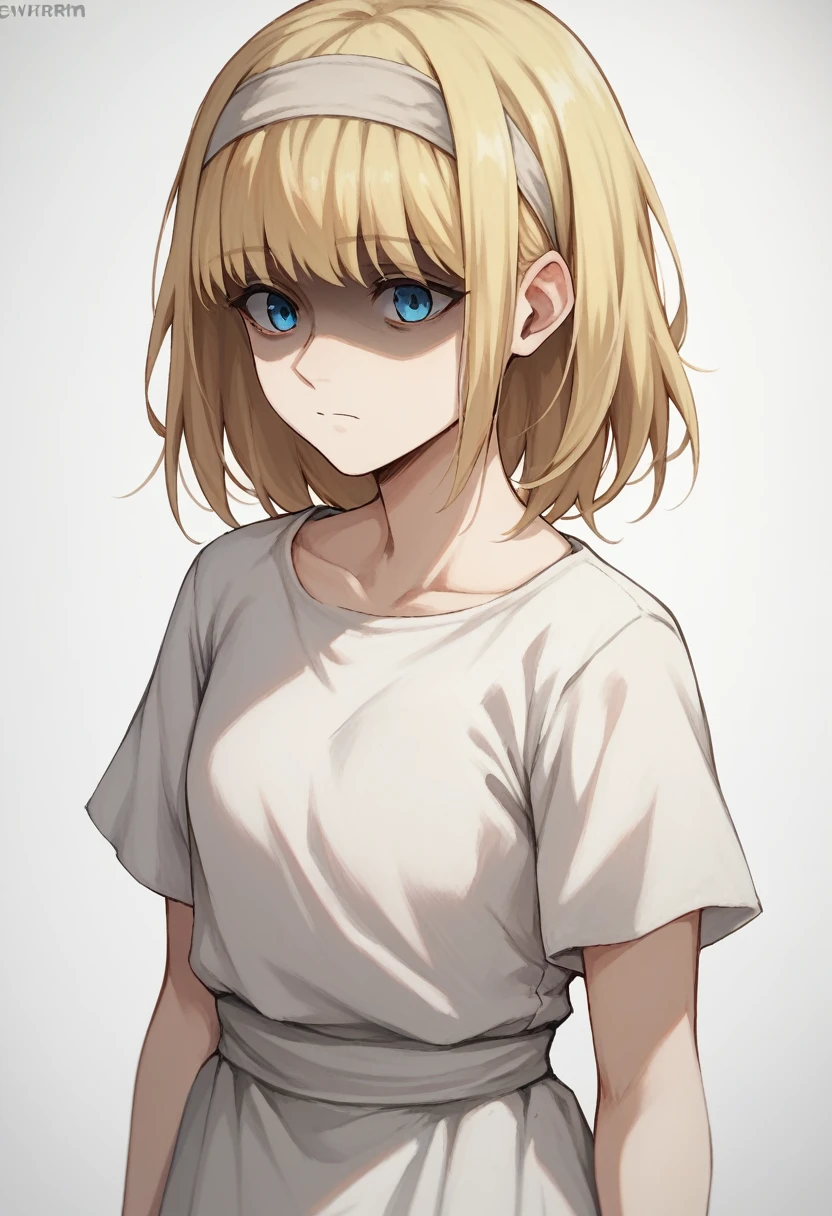 score_9, score_8_up, score_7_up,
ymir fritz,1girl, solo, hairband, blonde hair, bangs, blue eyes, medium hair,shaded face,white dress, short sleeves,