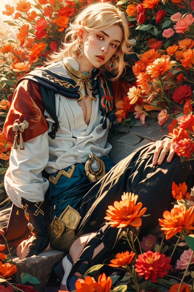 1 adult male solo, blond hair, red eyes, kaveh genshin impact, white top, red and black embroidered details, golden accessories, dark pants, fingerless gloves, feather hair ornament, shiny eyes (masterpiece),((top-quality)),(offcial art),(Beautiful and indulgent:1.2),(1manin:1.3),Detailed drawing。Vibrant colors。colourfull、highestdetailed ((ultra-detailliert)),(Highly detailed 2D illustrations),((Extremely delicate and beautiful))Super Detail,atmosphric perspective,dust particle, iridescent, glowing, surrounded by dark red lily flowers, (((on a flower field at sunset, orange dramatic light, many flowers around, contrast sunset light, dramatic cinetmatic light)))