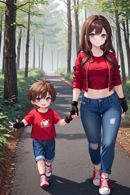 A Boy and a Cute Girl, walking in the woods. ((Character 1: is Male, and has Short Dark-Brown Hair, Brown Eyes, and is slightly muscular, wearing a Red Jacket, a Grey Shirt, worn Dark-Blue Jeans, and Red Sneakers)). ((Character 2: Is Female, and has Long Lush Brown Hair, Blue Eyes, Wide Hips, and is slightly Muscular, wearing a Red Shirt, Worn Jeans, and Black Fingerless Gloves)).