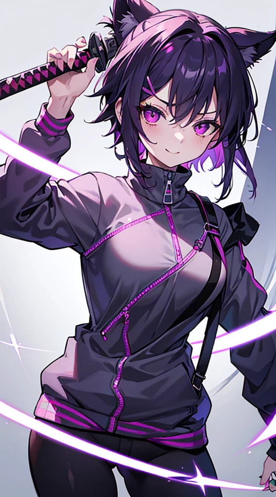 Top Quality, 8K, 4K, High Definition, Detail, (better-quality, 8K, 12), top-quality, 1 girl、only showing her face, she has purple hair, wearing a yellow pin on her right side of her hair, she has her hands together, she looking at you, she is smiling at you, medium breast, her jacket color dark gray with a pink zipper, pink eyes, showing her face and chesat, short hair long as her neck, (only showing half of her body) her jacket is loose. she is wearing earing only right ear shaped has a heart, (she holding katana) katana facing down, (katana is covering half of her face,) katana attach to her, katana on right side of her wrist, she mad, green ghost effect coming off, one white eye,