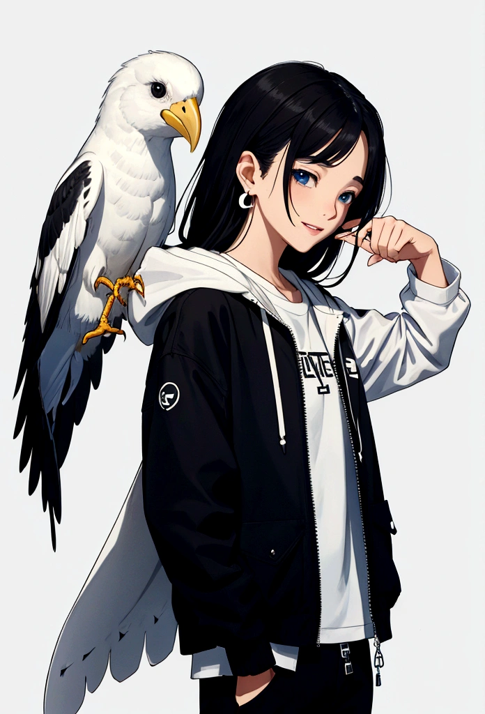 Overall overview
Style: Anime style illustration
Atmosphere: Bright and refreshing. Expressing freedom and happiness
color and background
Blue: Background with a bright blue sky
White: fluffy white clouds in the background
character
Hair color: Light gray, almost white, short and fluffy texture
Facial expression: Laughing with wide open mouth, squinting eyes in amusement
Clothing: Black jacket, white inside, hooded
Earrings: black earrings
background bird
Birds: Several white birds are flying, symbolizing freedom and openness.
detail
Shadows: Detailed shadows are drawn on the face and neck to create a three-dimensional effect.
Line usage: clean, sharp lines
others
Accessories: Details such as jacket zippers and hood strings are carefully depicted.
Expression technique: Digital art technique, precise color gradation and shadows