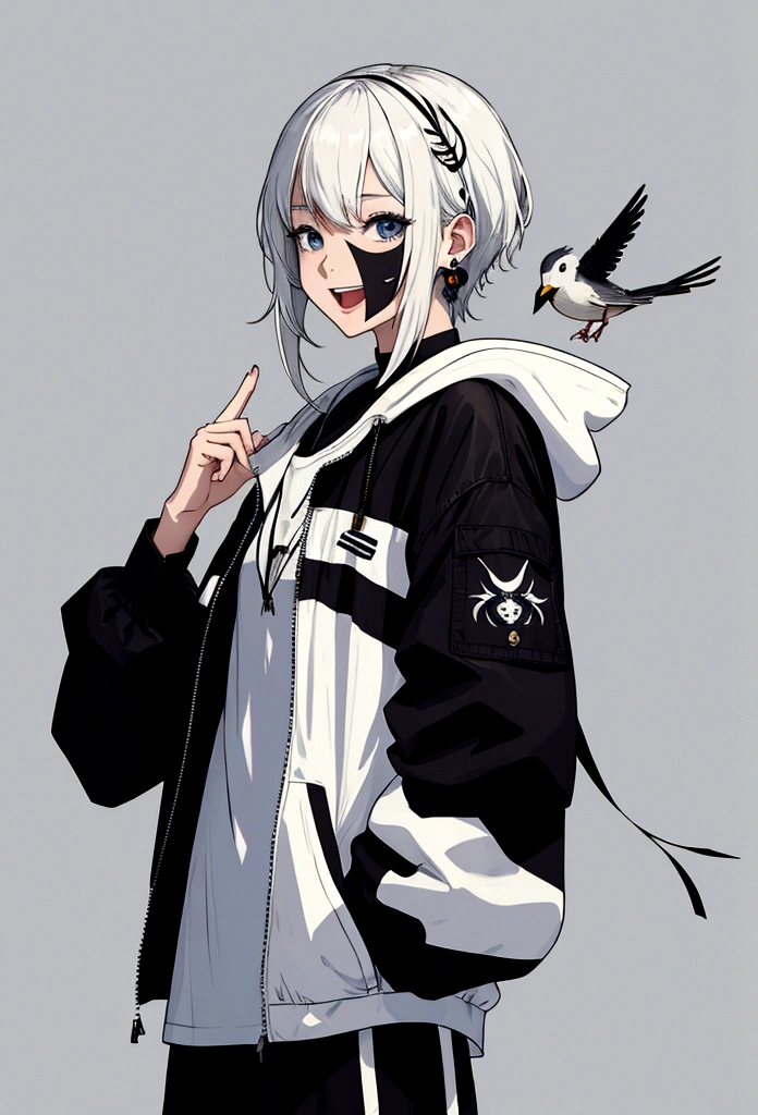 Overall overview
Style: Anime style illustration
Atmosphere: Bright and refreshing. Expressing freedom and happiness
color and background
Blue: Background with a bright blue sky
White: fluffy white clouds in the background
character
Hair color: Light gray, almost white, short and fluffy texture
Facial expression: Laughing with wide open mouth, squinting eyes in amusement
Clothing: Black jacket, white inside, hooded
Earrings: black earrings
background bird
Birds: Several white birds are flying, symbolizing freedom and openness.
detail
Shadows: Detailed shadows are drawn on the face and neck to create a three-dimensional effect.
Line usage: clean, sharp lines
others
Accessories: Details such as jacket zippers and hood strings are carefully depicted.
Expression technique: Digital art technique, precise color gradation and shadows