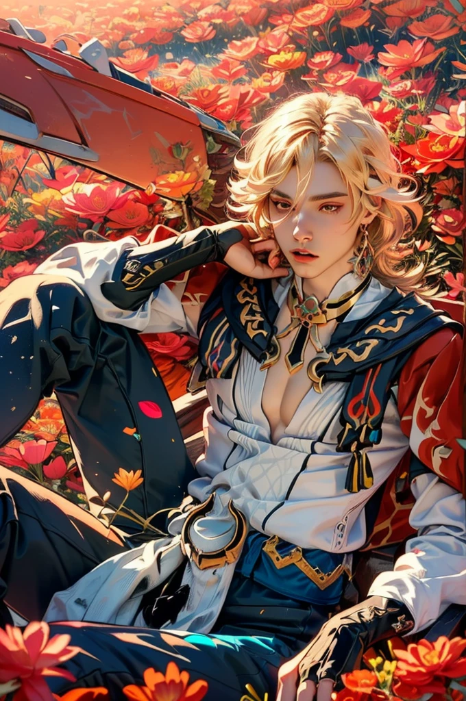 1 adult male solo, blond hair, red eyes, kaveh genshin impact, white top, red and black embroidered details, golden accessories, dark pants, fingerless gloves, feather hair ornament, shiny eyes (masterpiece),((top-quality)),(offcial art),(Beautiful and indulgent:1.2),(1manin:1.3),Detailed drawing。Vibrant colors。colourfull、highestdetailed ((ultra-detailliert)),(Highly detailed 2D illustrations),((Extremely delicate and beautiful))Super Detail,atmosphric perspective,dust particle, iridescent, glowing, surrounded by dark red lily flowers, (((on a flower field at sunrise, pink sunrise light many flowers around, soft clouds in the sky, dreamy soft light)))