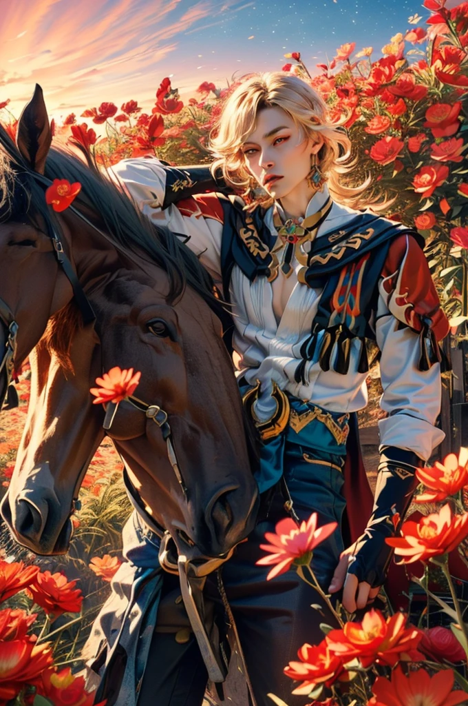1 adult male solo, blond hair, red eyes, kaveh genshin impact, white top, red and black embroidered details, golden accessories, dark pants, fingerless gloves, feather hair ornament, shiny eyes (​masterpiece),((top-quality)),(offcial art),(Beautiful and indulgent:1.2),(1manin:1.3),Detailed drawing。Vibrant colors。colourfull、highestdetailed ((ultra-detailliert)),(Highly detailed 2D illustrations),((Extremely delicate and beautiful))Super Detail,atmosphric perspective，dust particle, iridescent, glowing, surrounded by dark red lily flowers, (((on a flower field at sunrise, pink sunrise light many flowers around, soft clouds in the sky, dreamy soft light)))