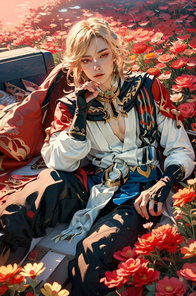 1 adult male solo, blond hair, red eyes, kaveh genshin impact, white top, red and black embroidered details, golden accessories, dark pants, fingerless gloves, feather hair ornament, shiny eyes (masterpiece),((top-quality)),(offcial art),(Beautiful and indulgent:1.2),(1manin:1.3),Detailed drawing。Vibrant colors。colourfull、highestdetailed ((ultra-detailliert)),(Highly detailed 2D illustrations),((Extremely delicate and beautiful))Super Detail,atmosphric perspective,dust particle, iridescent, glowing, surrounded by dark red lily flowers, (((on a flower field at sunrise, pink sunrise light many flowers around, soft clouds in the sky, dreamy soft light)))