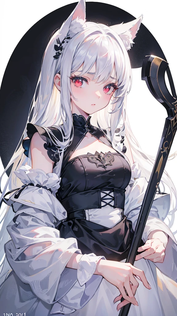 18 year old girl, beautiful and delicate eyes, beautiful lips, Highly detailed eyes and face, long eyelashes, 1girl, white cat ears, Long gray hair, Front view, maid outfit, red eyes, (best quality, 4K, 8K, high resolution, masterpiece:1.2), Ultra-detailed, (realistic, realistic, realistic, realistic: 1.37), big bust, Scythe, elegant, fantasy, soft lighting, white background