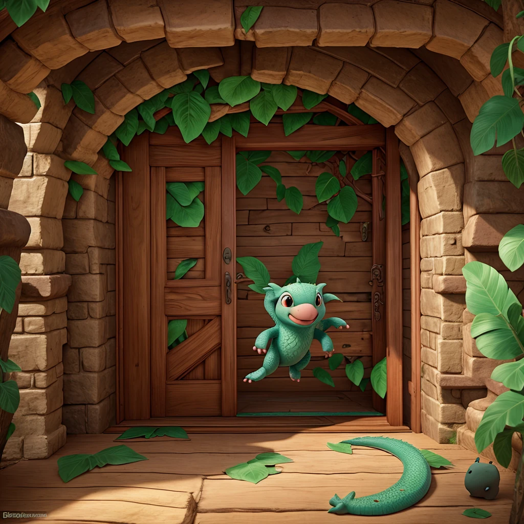 Dragon wing door, flying koala in a dinosaur forest