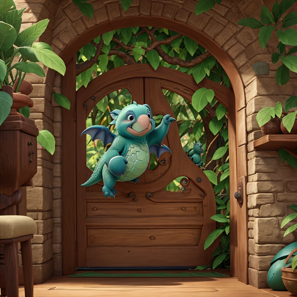 Dragon wing door, flying koala in a dinosaur forest