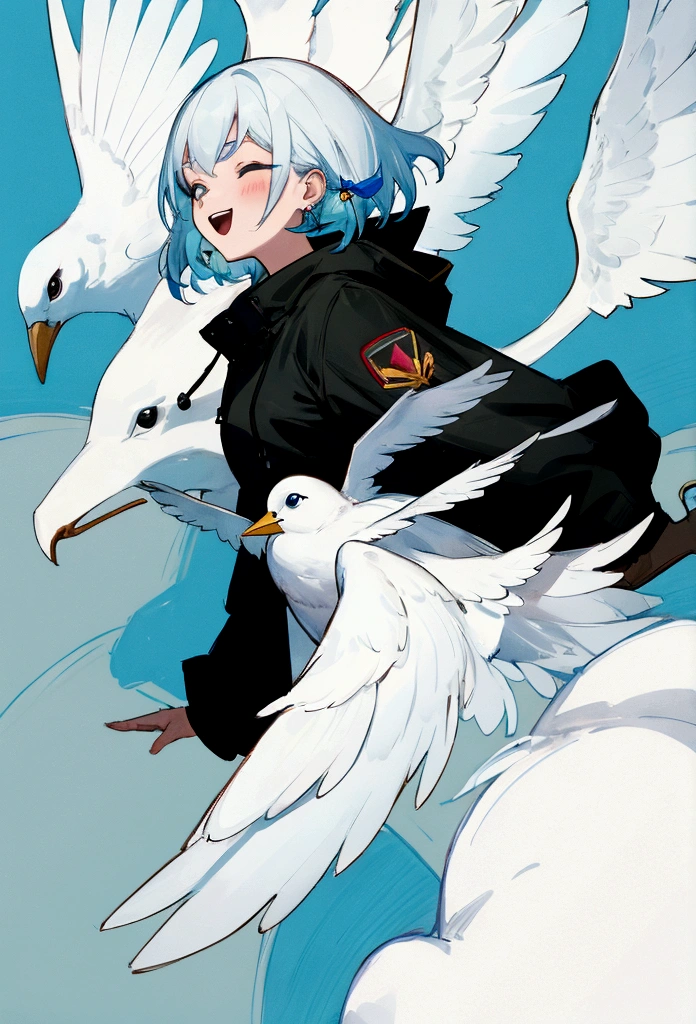 Overall overview
Style: Anime style illustration
Atmosphere: Bright and refreshing. Expressing freedom and happiness
color and background
Blue: Background with a bright blue sky
White: fluffy white clouds in the background
character
Hair color: Light gray, almost white, short and fluffy texture
Facial expression: Laughing with wide open mouth, squinting eyes in amusement
Clothing: Black jacket, white inside, hooded
Earrings: black earrings
background bird
Birds: Several white birds are flying, symbolizing freedom and openness.
detail
Shadows: Detailed shadows are drawn on the face and neck to create a three-dimensional effect.
Line usage: clean, sharp lines
others
Accessories: Details such as jacket zippers and hood strings are carefully depicted.
Expression technique: Digital art technique, precise color gradation and shadows