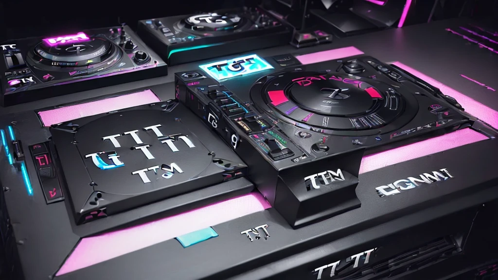 (DTG: 1.8), (DTG letters: 1.8), (Three letters: 1.8), DJ set, Music, cassette, CD Player, Futuristic device for music playing, Music reproducer, Lo-fi, writing, abstract, colorful, high resolution, high quality, neon colors, dark grey background, black grey grdient