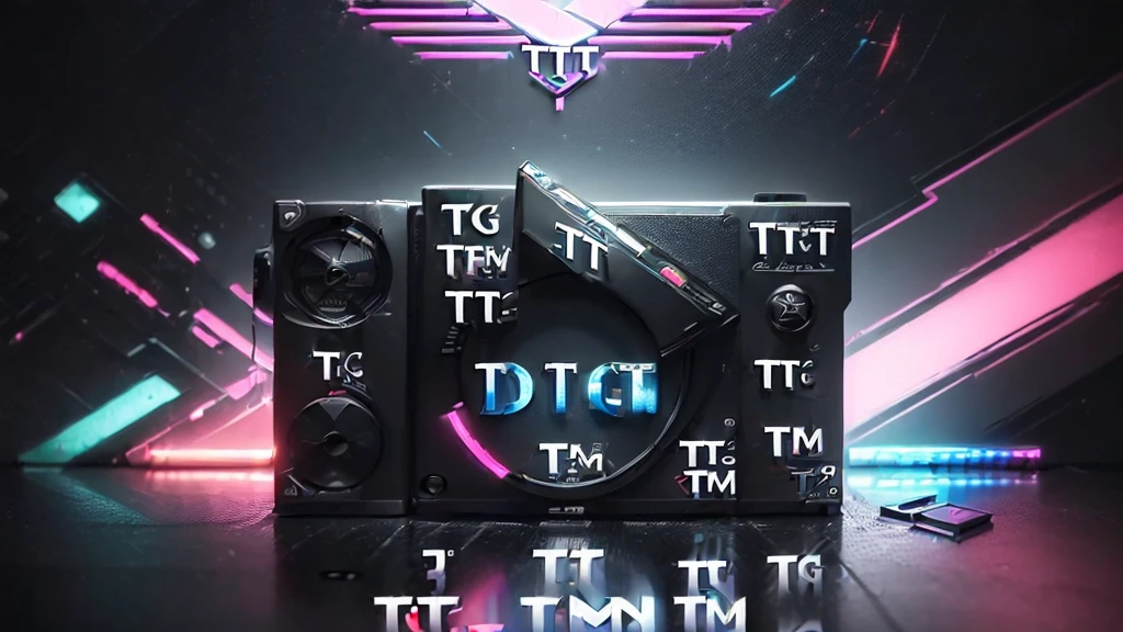 (DTG: 1.8), (DTG letters: 1.8), (Three letters: 1.8), DJ set, Music, cassette, CD Player, Futuristic device for music playing, Music reproducer, Lo-fi, writing, abstract, colorful, high resolution, high quality, neon colors, dark grey background, black grey grdient