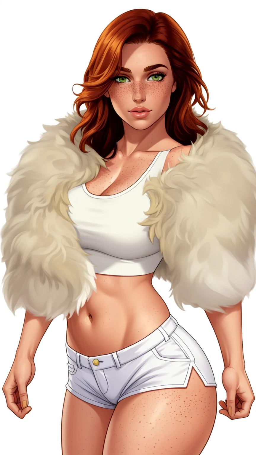Lacy Lemon, pretty woman, ginger hair, midriff, white cloth hotapants,tank top, fur stole short shorts, fur wrap over shoulders, freckles
green eyes,
white background, blank background,
