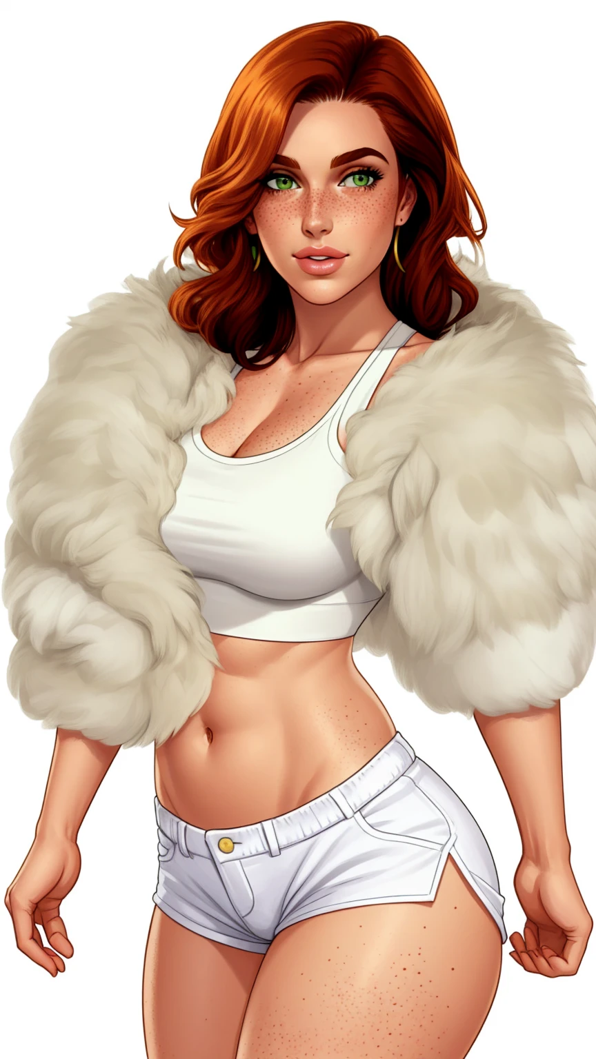 Lacy Lemon, pretty woman, ginger hair, midriff, white cloth hotapants,tank top, fur stole  short shorts, fur wrap over shoulders, freckles

green eyes,

white background, blank background, 