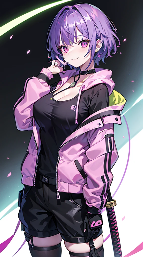 Top Quality, 8K, 4K, High Definition, Detail, (better-quality, 8K, 12), top-quality, 1 girl、only showing her face, she has purple hair, wearing a yellow pin on her right side of her hair, she has her hands together, she looking at you, she is smiling at you, medium breast, her jacket color dark gray with a pink zipper, pink eyes, showing her face and chesat, short hair long as her neck, (only showing half of her body) her jacket is loose. she is wearing earing only right ear shaped has a heart, (she holding katana) katana facing down, (katana is covering half of her face,) katana attach to her, katana on right side of her wrist, she mad, green ghost effect coming off, one white eye,
