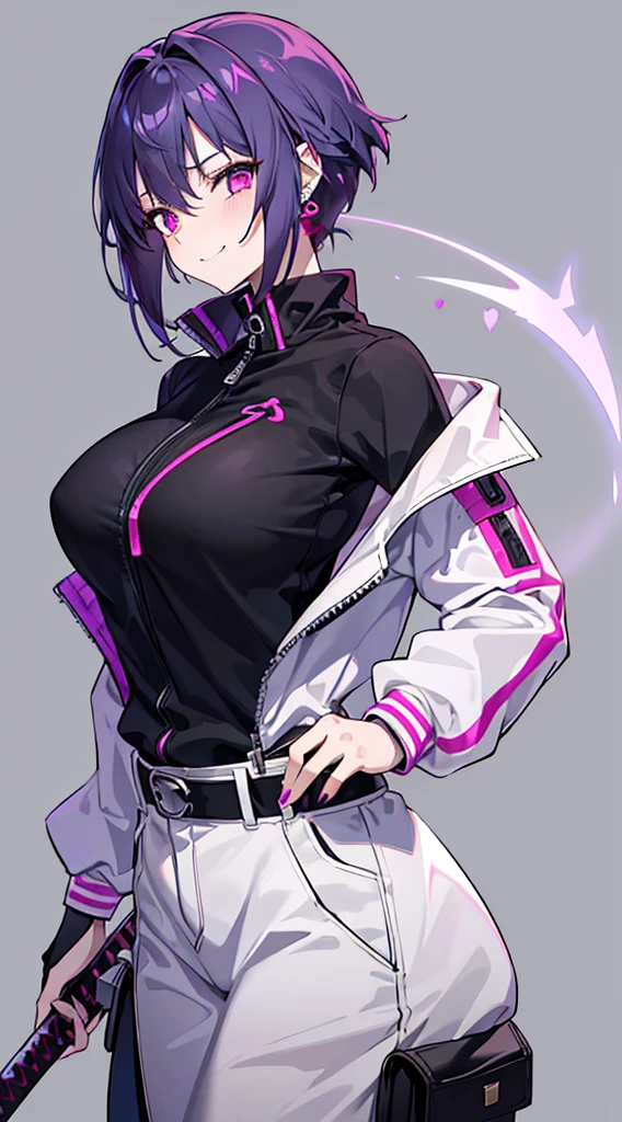 Top Quality, 8K, 4K, High Definition, Detail, (better-quality, 8K, 12), top-quality, 1 girl、only showing her face, she has purple hair, wearing a yellow pin on her right side of her hair, she has her hands together, she looking at you, she is smiling at you, medium breast, her jacket color dark gray with a pink zipper, pink eyes, showing her face and chesat, short hair long as her neck, (only showing half of her body) her jacket is loose. she is wearing earing only right ear shaped has a heart, (she holding katana) katana facing down, (katana is covering half of her face,) katana attach to her, katana on right side of her wrist, she mad, green ghost effect coming off, one white eye,