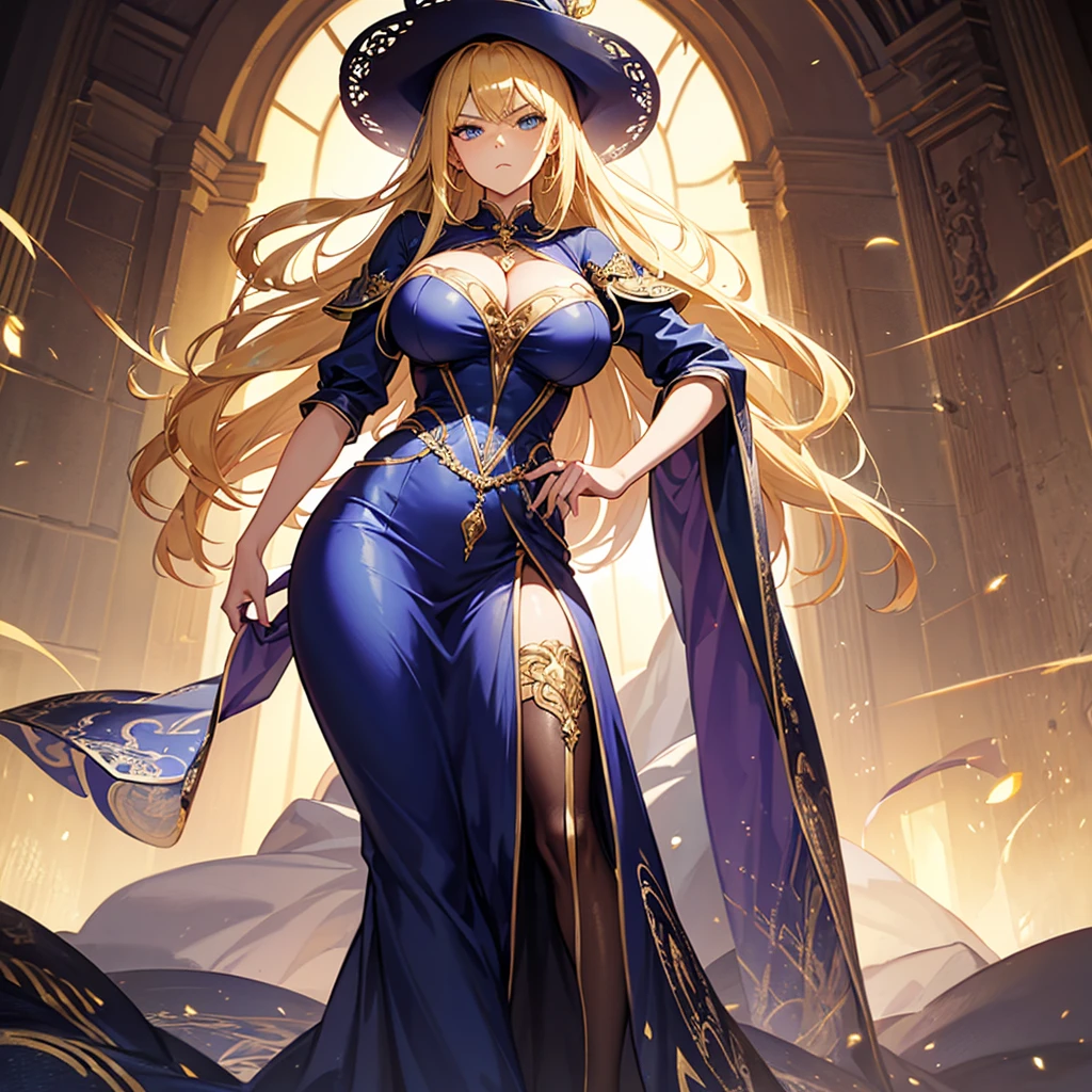 (( straight face picture )) ((best quality)),  ((Masterpiece)), (details), Young woman , yellow hair , Dirt. , blue eyes ,Blue purple set, Gold pattern, wearing a big brimmed hat , Magician , The dress is very beautiful. ,long dress ,big breasts ,Big butt