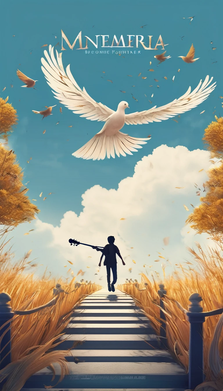 Create a professional, fantastic, cinematic dream-like Youtube Banner for a brand about music, stories, fantasy and dreams called " Penamemoria". Masterpiece, 4k, sharp focus, highest quality,wide shot. The title is " Penamemoria". Is a brand about the creative, unique journey of a boy into becoming a musician storyteller. In his journey he finds inspiration in a world of birds and feathers. Minimalistic, simple, poetic, dreamy logotype at the center of the image. The Background image is a world full of fantastic feathers, unique birds, light blue sky, soft white and light golden. Logo design of the silhouetter of a boy running with open arms and holding an acoustic guitar and a bird feather
