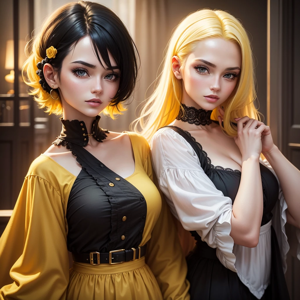 Best quality, A high resolution, a woman with yellow hair and a woman with black hair, better resolution, detailed, better quality
