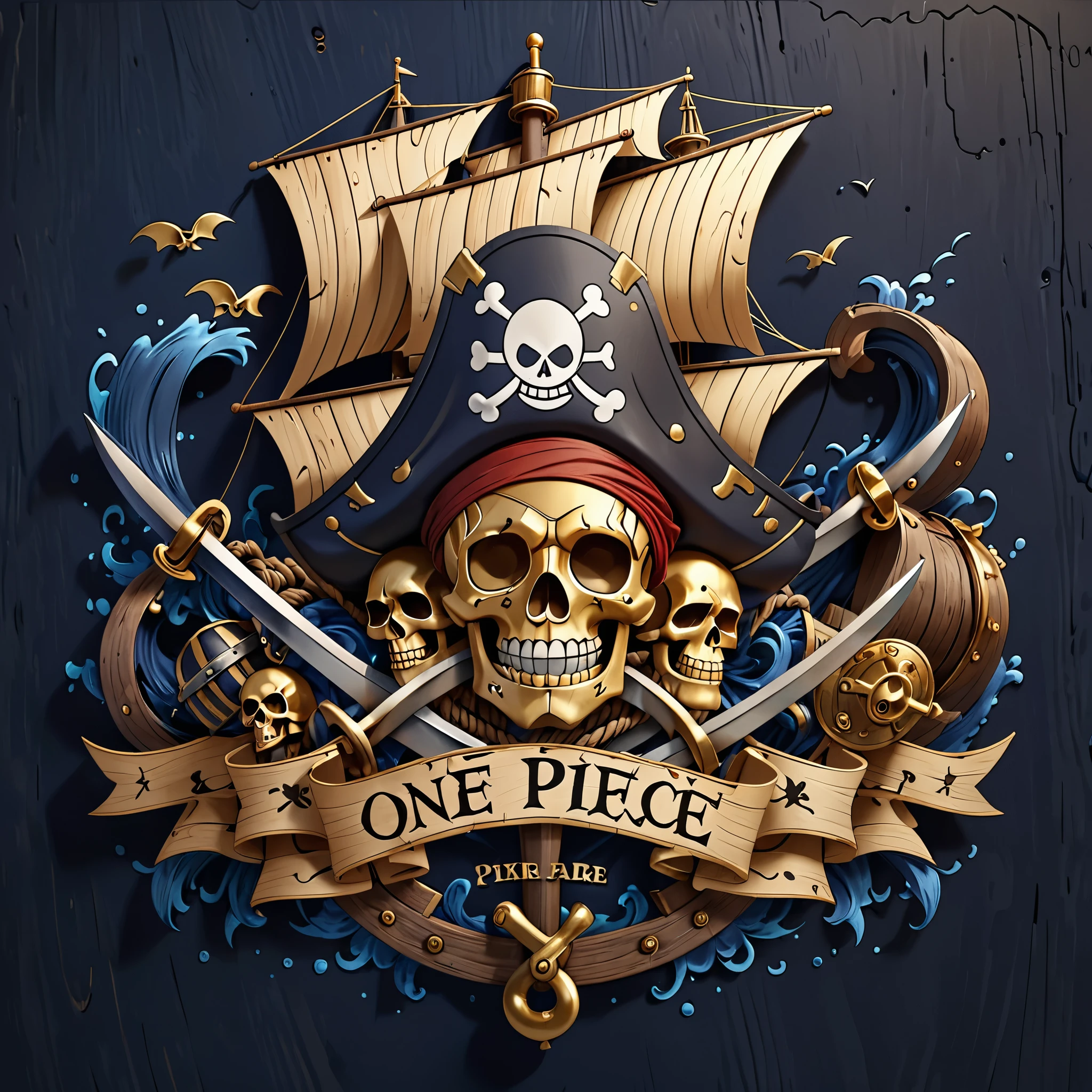 Design a bold and fierce title artwork for "One Piece" using a unique and rarely used typeface called "Pirate Gothic". The letters should be thick and rugged, resembling old pirate ship timbers, with sharp edges to convey a sense of danger and adventure. Each character in the word "One Piece" could incorporate thematic elements such as tiny, engraved skull motifs, crossed swords, or ropes intertwined through the letters, enhancing the pirate aesthetic. The color scheme should be a deep navy blue with gold trim to evoke the feel of high seas and hidden treasures. This title design should be set against a solid black background to make the artwork suitable for various applications by allowing for easy background removal. Ensure that the detailing in the typeface captures the raw, adventurous spirit of the series with a touch of realism in the textures of wood and metal, making it appear as if it could belong on the side of a pirate ship or a treasure map.