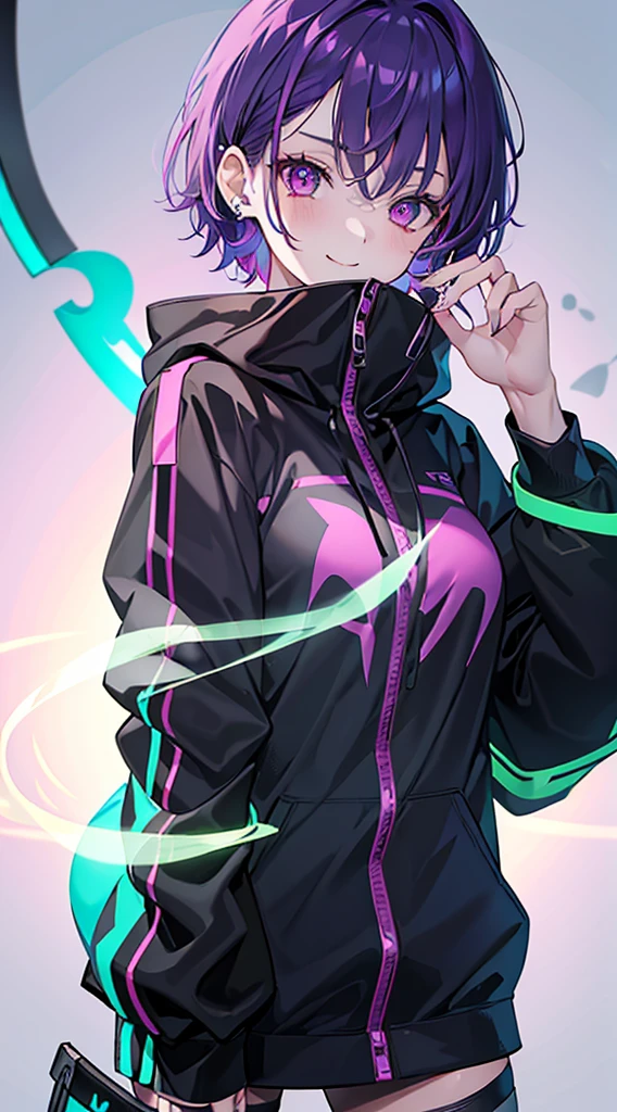 Top Quality, 8K, 4K, High Definition, Detail, (better-quality, 8K, 12), top-quality, 1 girl、only showing her face, she has purple hair, wearing a yellow pin on her right side of her hair, she has her hands together, she looking at you, she is smiling at you, medium breast, her jacket color dark gray with a pink zipper, pink eyes, showing her face and chesat, short hair long as her neck, (only showing half of her body) her jacket is loose. she is wearing earing only right ear shaped has a heart, (she holding katana) katana facing down, (katana is covering half of her face,) katana attach to her, katana on right side of her wrist, she mad, green ghost effect coming off, one white eye,
