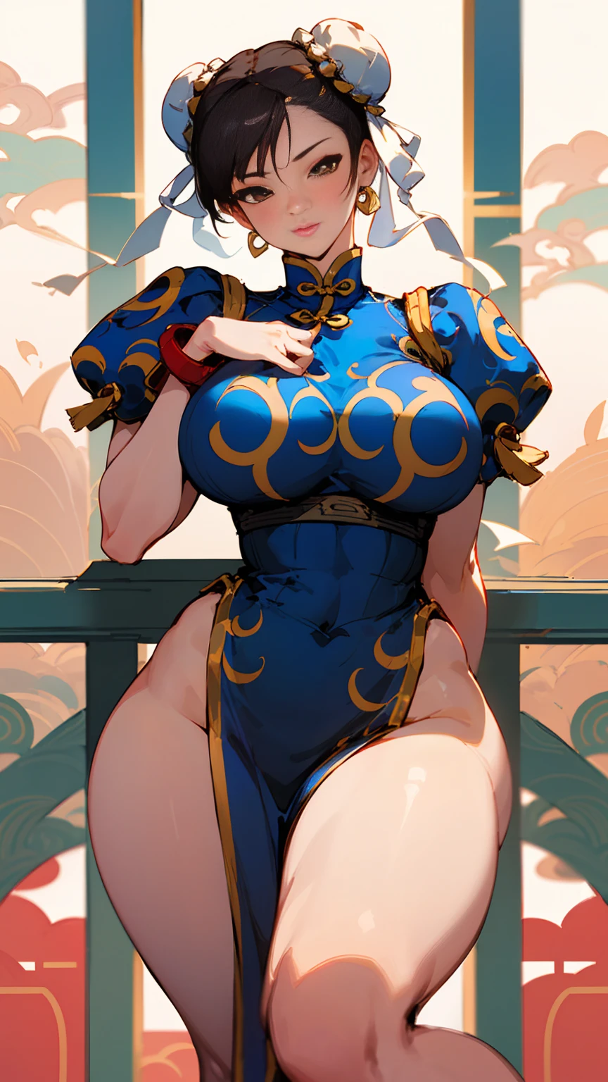  a woman ((beautiful, 21s,chun-li, big breasts, sexy girl)),  chinese clothes, bracelet, china dress, bun cover, thick thighs, dress, thighs