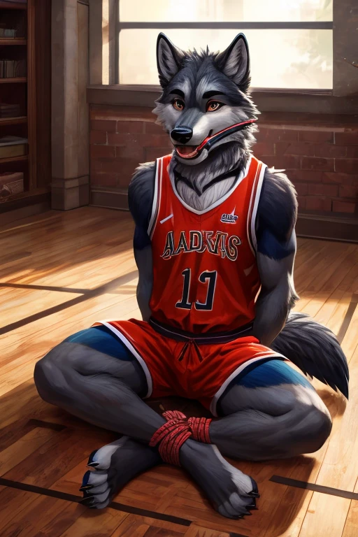wolf, furry, basketball uniform, gagged, hands tied together behind, feet tied together, sitting on the floor, ultra detailed