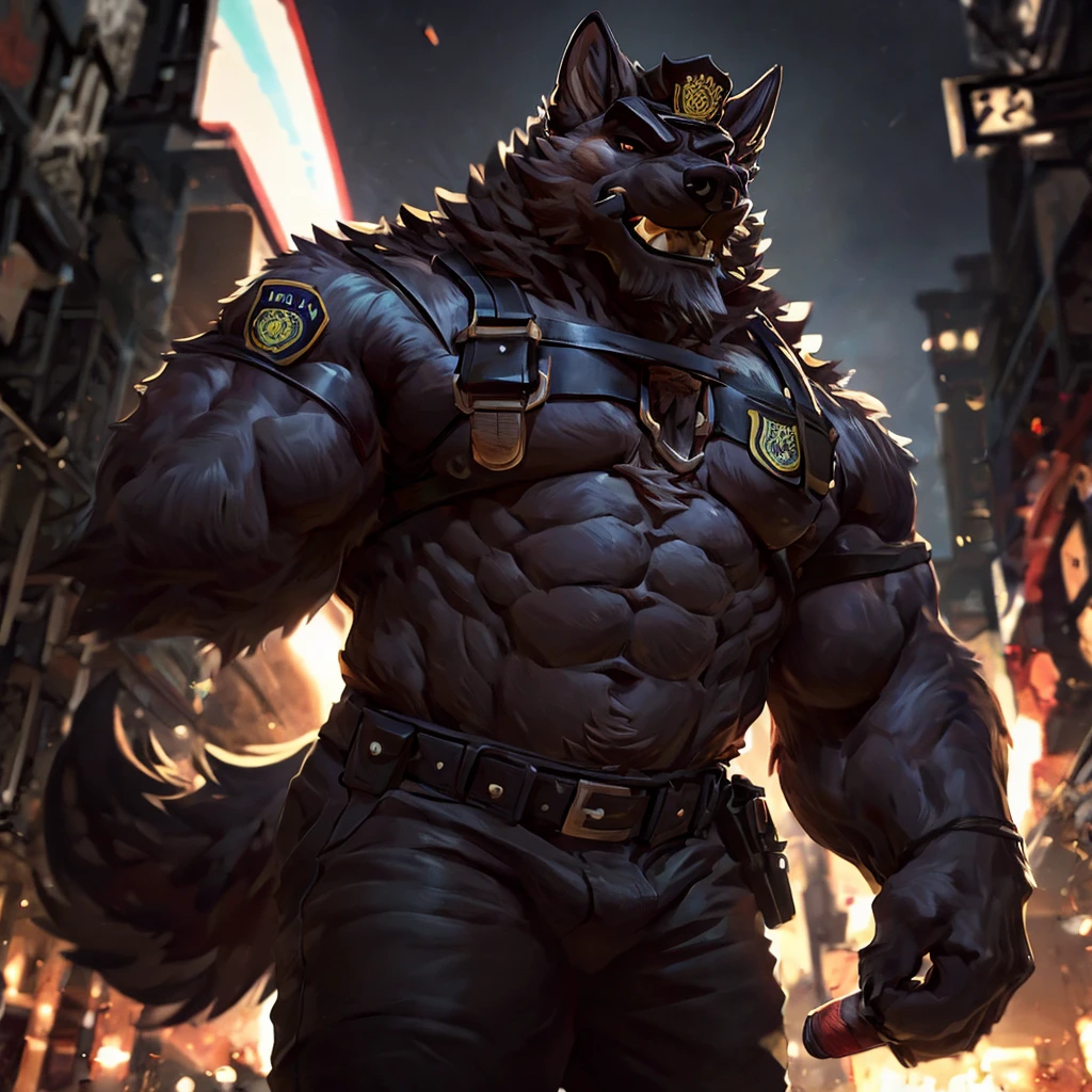 muscular male anthropomorphic german shepherd, black leather harness, police badge, daddy, black leather pants, black fur on body, tan fur on body, light light brown fur on body, lit cigar in mouth, extremely detailed, photo-realistic, cinematic lighting, dramatic shadows, powerful presence, rugged and intimidating, striking pose, intense gaze, chiseled features, rippling muscles, sleek and imposing, urban setting, gritty and industrial, moody color palette, dark and intense