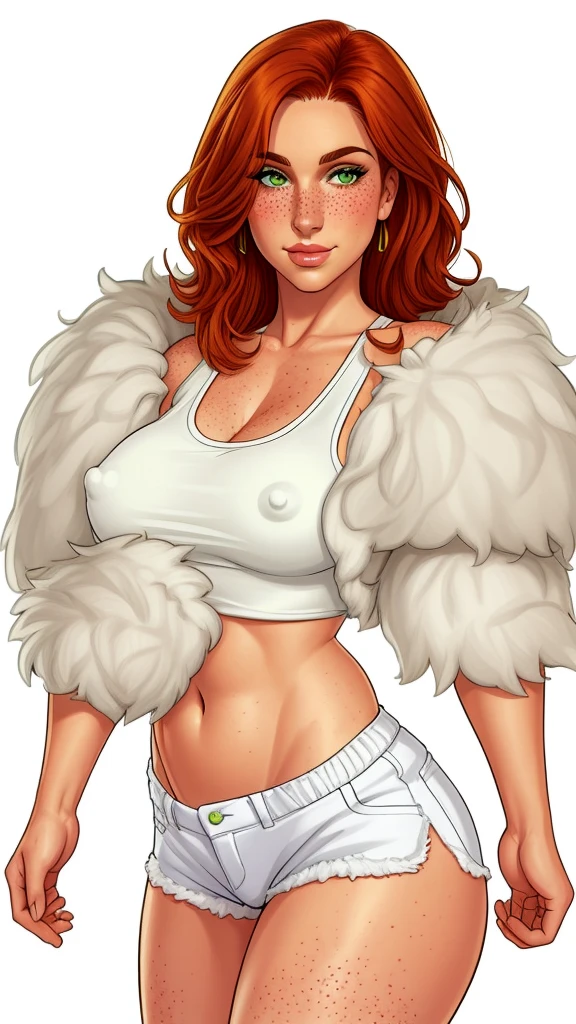 Lacy Lemon, pretty woman, ginger hair, midriff, white cloth hotapants,tank top, fur stole short shorts, fur wrap over shoulders, freckles, large breasts, covered nipples, rubenesque,
green eyes,
white background, blank background,