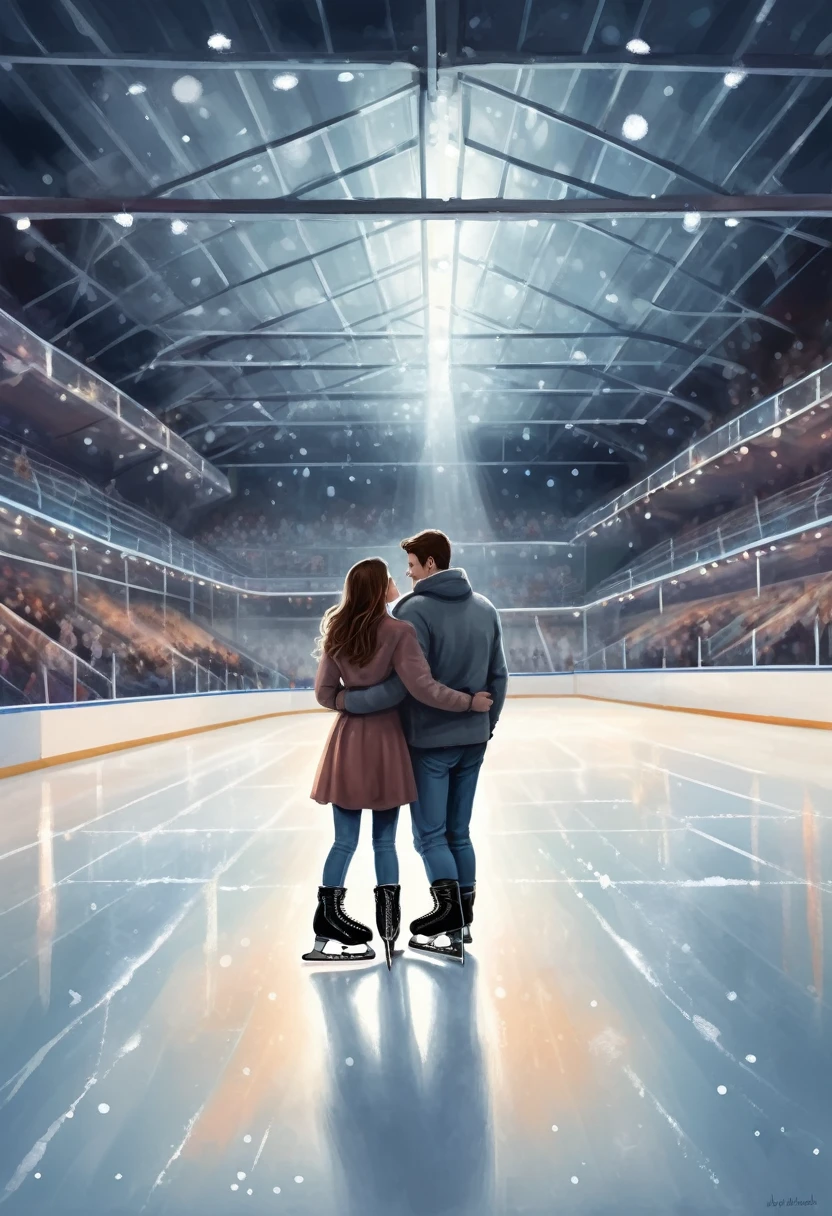 Imagine a romantic late night date at an indoor ice rink. The ice sparkles under the soft light of the spotlights, creating a magical atmosphere. There is no one in the stands, only the quiet rustle of skates on the surface of the ice breaks the surrounding silence. The stands are empty. Illustration. Drawing. Painting. Art.