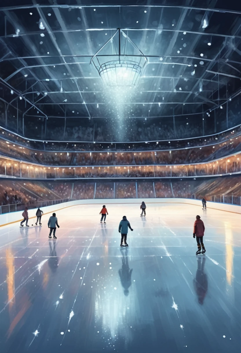 Imagine a romantic late night date at an indoor ice rink. The ice sparkles under the soft light of the spotlights, creating a magical atmosphere. There is no one in the stands, only the quiet rustle of skates on the surface of the ice breaks the surrounding silence. The stands are empty. Illustration. Drawing. Painting. Art.