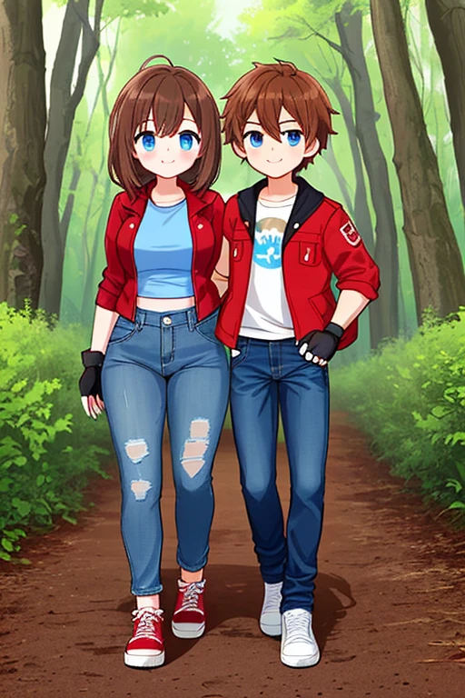 A Boy and a Cute Girl, hiking in the woods. ((Character 1: is Male, (18 years old), and has Short Dark-Brown Hair, Brown Eyes, and is slightly muscular, wearing a Red Jacket, a Grey Shirt, worn Dark-Blue Jeans, and Red Sneakers)). ((Character 2: Is Female, (18 years old), and has Long Lush Brown Hair, Blue Eyes, Wide Hips, and is slightly Muscular, wearing a Blue Shirt, Worn Jeans, and Black Fingerless Gloves)).