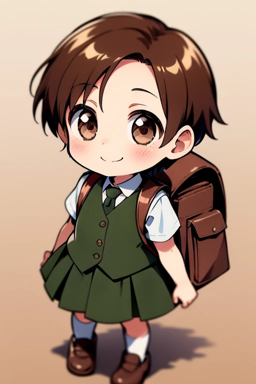 rokudzemugi, Brown hair, short hair, Brown eyes, chibi, , walker,  Class,
One, 1 girl, backpack, bag, short hair, Randoseru, tie, socks, ,  whole body, vest, smile, happy,
masterpiece, high quality, Very_high_Permission, big_file size, full color,