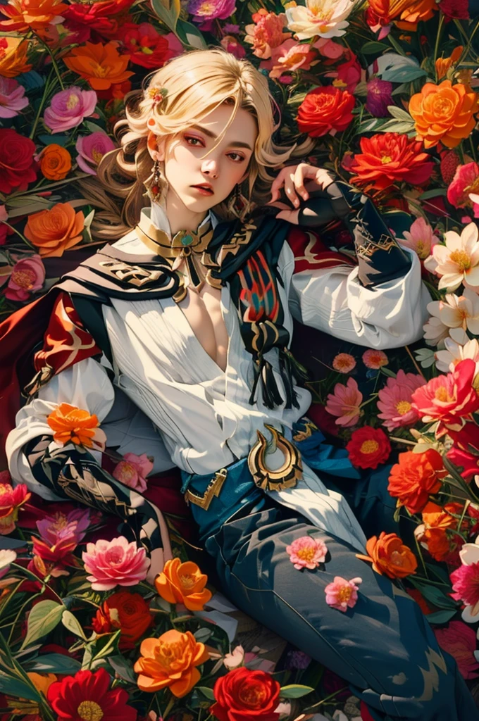 1 adult male solo, blond hair, red eyes, kaveh genshin impact, white top, red and black embroidered details, golden accessories, dark pants, fingerless gloves, feather hair ornament, shiny eyes (​masterpiece),((top-quality)),(offcial art),(Beautiful and indulgent:1.2),(1manin:1.3),Detailed drawing。Vibrant colors。colourfull、highestdetailed ((ultra-detailliert)),(Highly detailed 2D illustrations),((Extremely delicate and beautiful))Super Detail,atmosphric perspective，dust particle, iridescent light, glowing, surrounded by dark red lily flowers, (((laying in a flower field, many flowers around, view from above, top view))) (((on a flower field at sunset, orange dramatic light, many flowers around, contrast sunset light, dramatic cinetmatic light)))