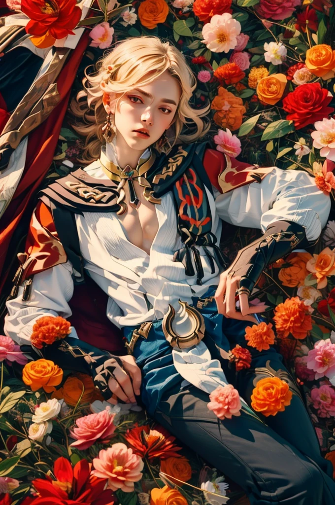 1 adult male solo, blond hair, red eyes, kaveh genshin impact, white top, red and black embroidered details, golden accessories, dark pants, fingerless gloves, feather hair ornament, shiny eyes (​masterpiece),((top-quality)),(offcial art),(Beautiful and indulgent:1.2),(1manin:1.3),Detailed drawing。Vibrant colors。colourfull、highestdetailed ((ultra-detailliert)),(Highly detailed 2D illustrations),((Extremely delicate and beautiful))Super Detail,atmosphric perspective，dust particle, iridescent light, glowing, surrounded by dark red lily flowers, (((laying in a flower field, many flowers around, view from above, top view))) (((on a flower field at sunset, orange dramatic light, many flowers around, contrast sunset light, dramatic cinetmatic light)))