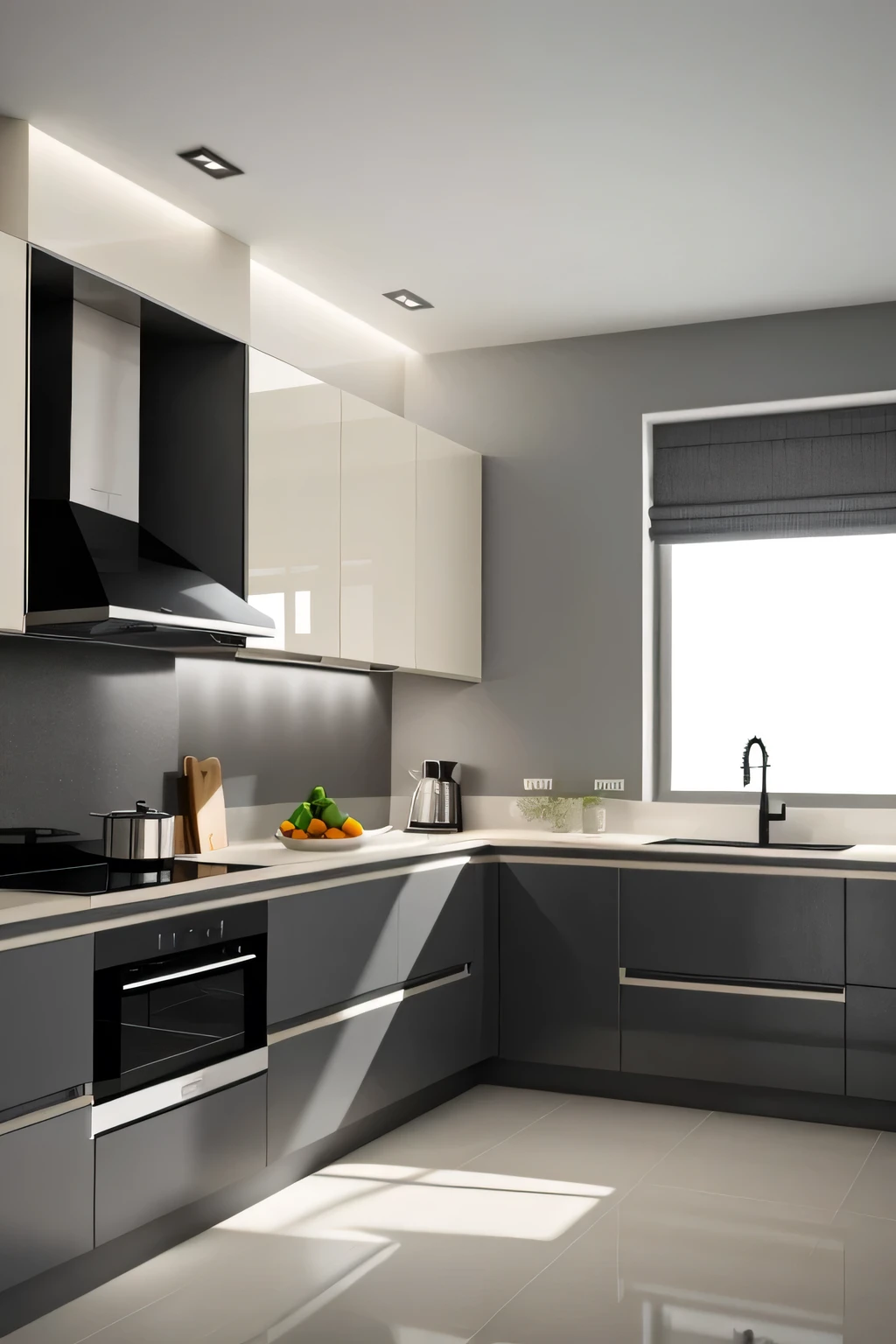 Professional 3d architecture rendering design of modern and minimal kitchen with  light mink gray  color and thunder gray   color and light cream color  and black color 