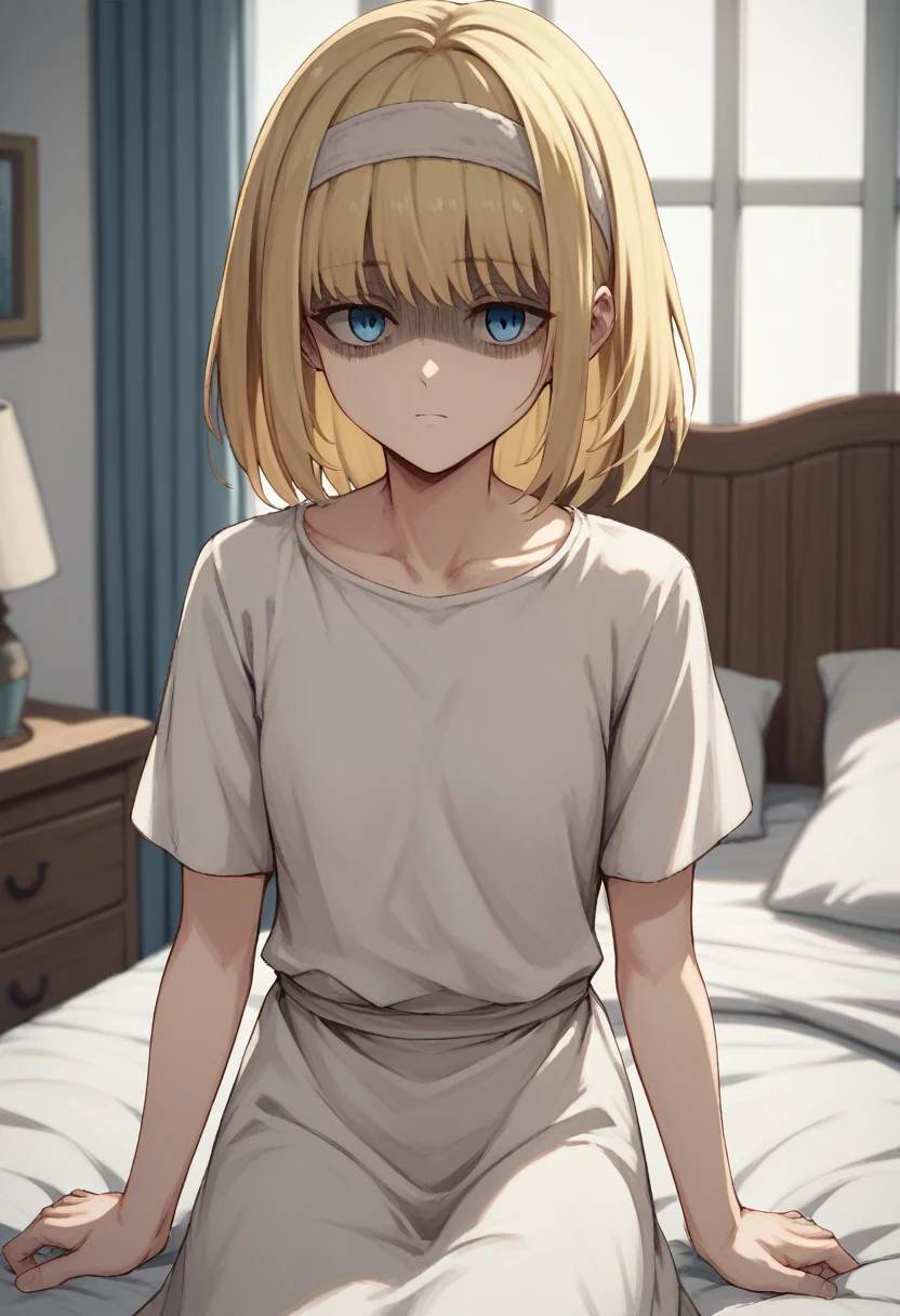 score_9, score_8_up, score_7_up, ymir fritz,1girl, solo, hairband, blonde hair, bangs, blue eyes, medium hair,shaded face,white dress, short sleeves, room, bed, 